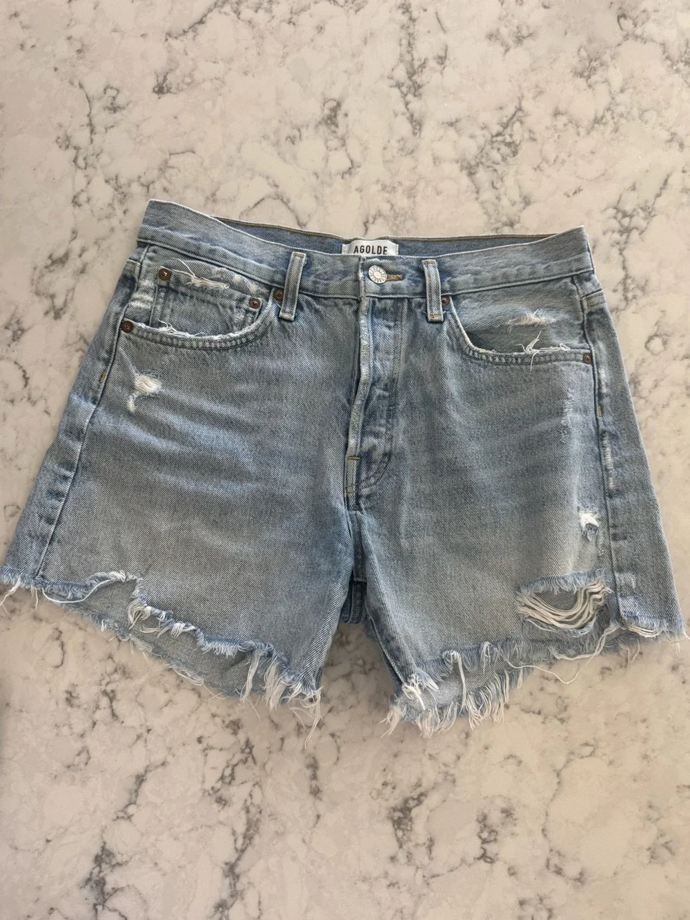 Agolde Parker Long Distressed Denim Jean Shorts Sz 27
